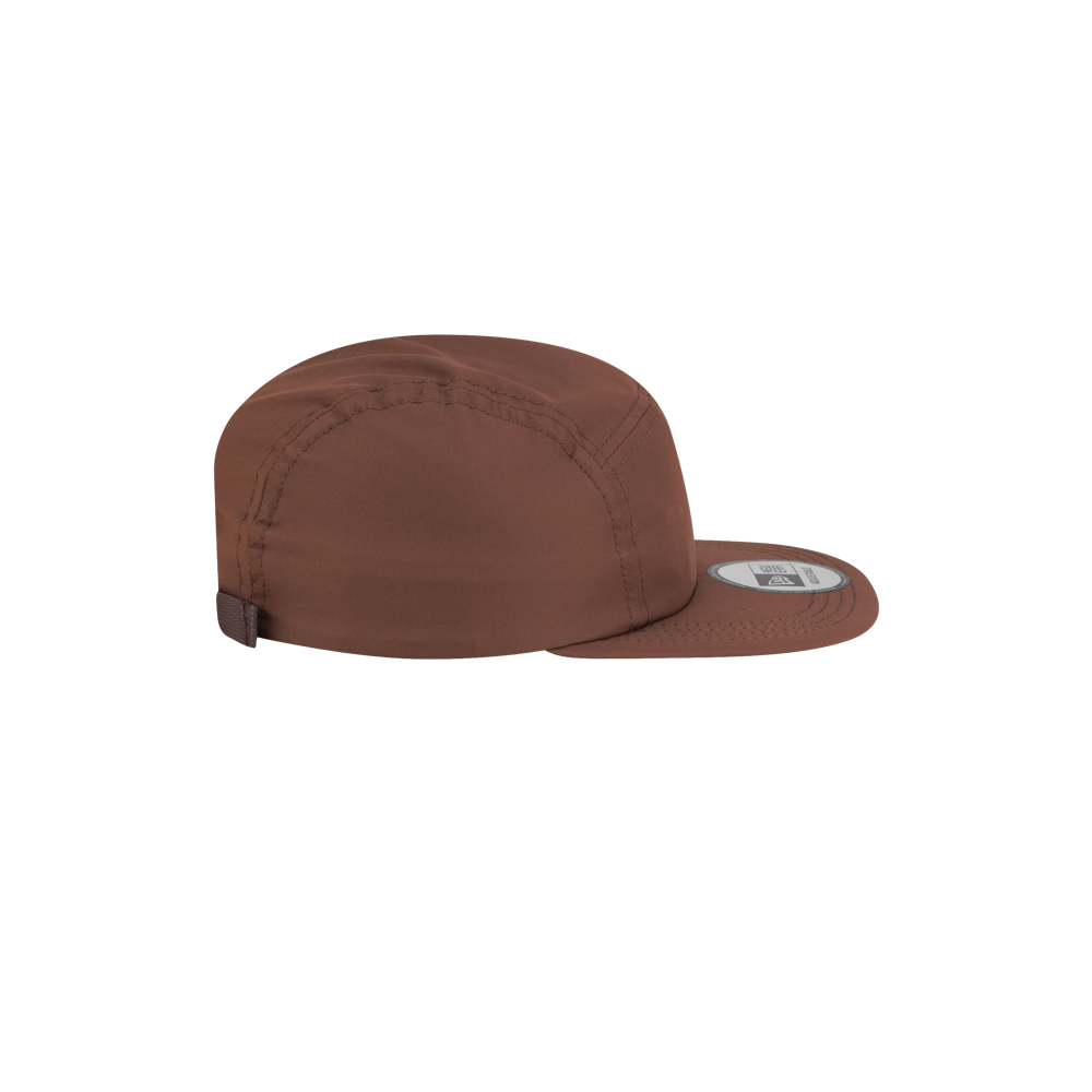 Brown Court Culture x New Era Mocha 5-Panel Hat featuring a flat brim and a circular sticker on the bill.