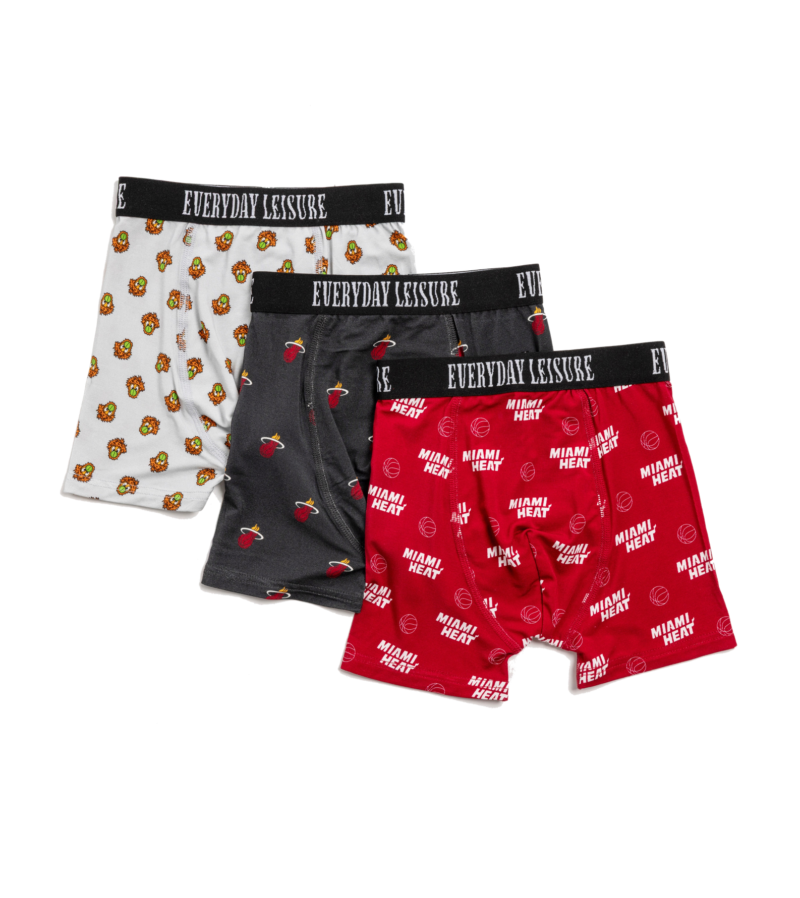 The Court Culture x Everyday Leisure Youth Boxer Brief 3pk by Court Culture includes three Miami Heat-themed bamboo pairs, each with a black EVERYDAY LEISURE waistband—featuring Heat logos on white, flaming basketballs on black, and red with team graphics.