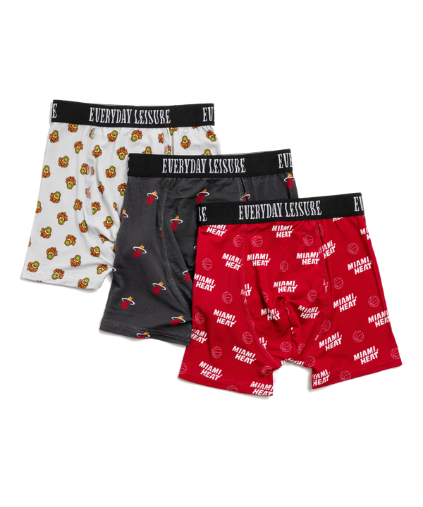 The Court Culture x Everyday Leisure Youth Boxer Brief 3pk by Court Culture includes three Miami Heat-themed bamboo pairs, each with a black EVERYDAY LEISURE waistband—featuring Heat logos on white, flaming basketballs on black, and red with team graphics.