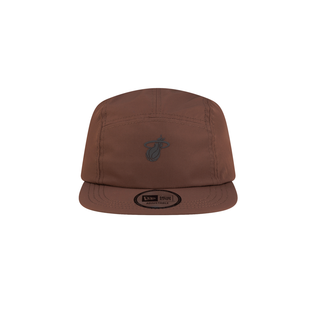 Brown polyester Court Culture x New Era Mocha 5-Panel Hat with a small logo embroidered on the front and a circular sticker on the brim.
