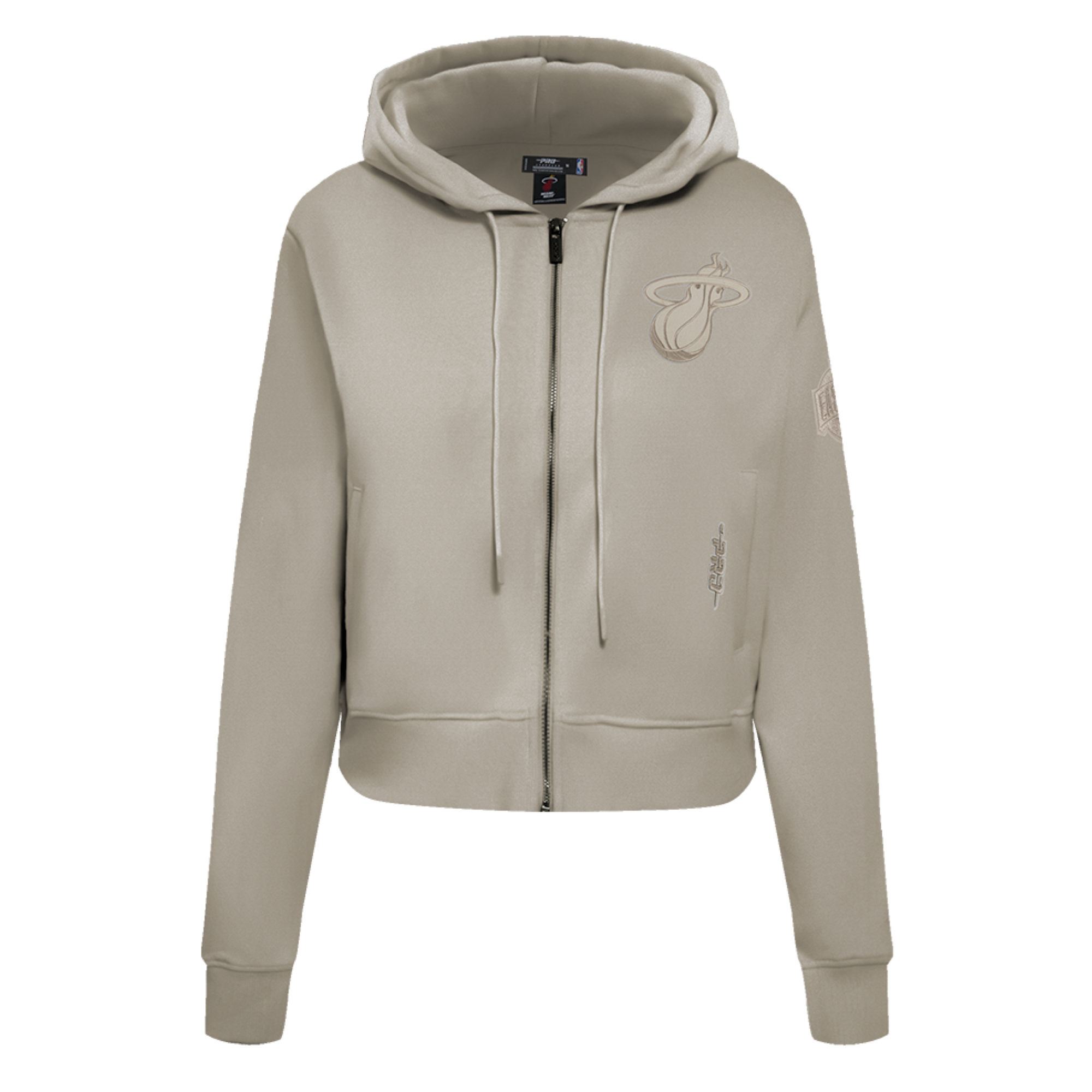 The Pro Standard Miami HEAT Original Vice Nights Beige Women's Hoodie features a cropped fit, zip-up front, drawstring hood, embroidered team logo, and text details. Made from a cotton-polyester blend; wash with like colors.
