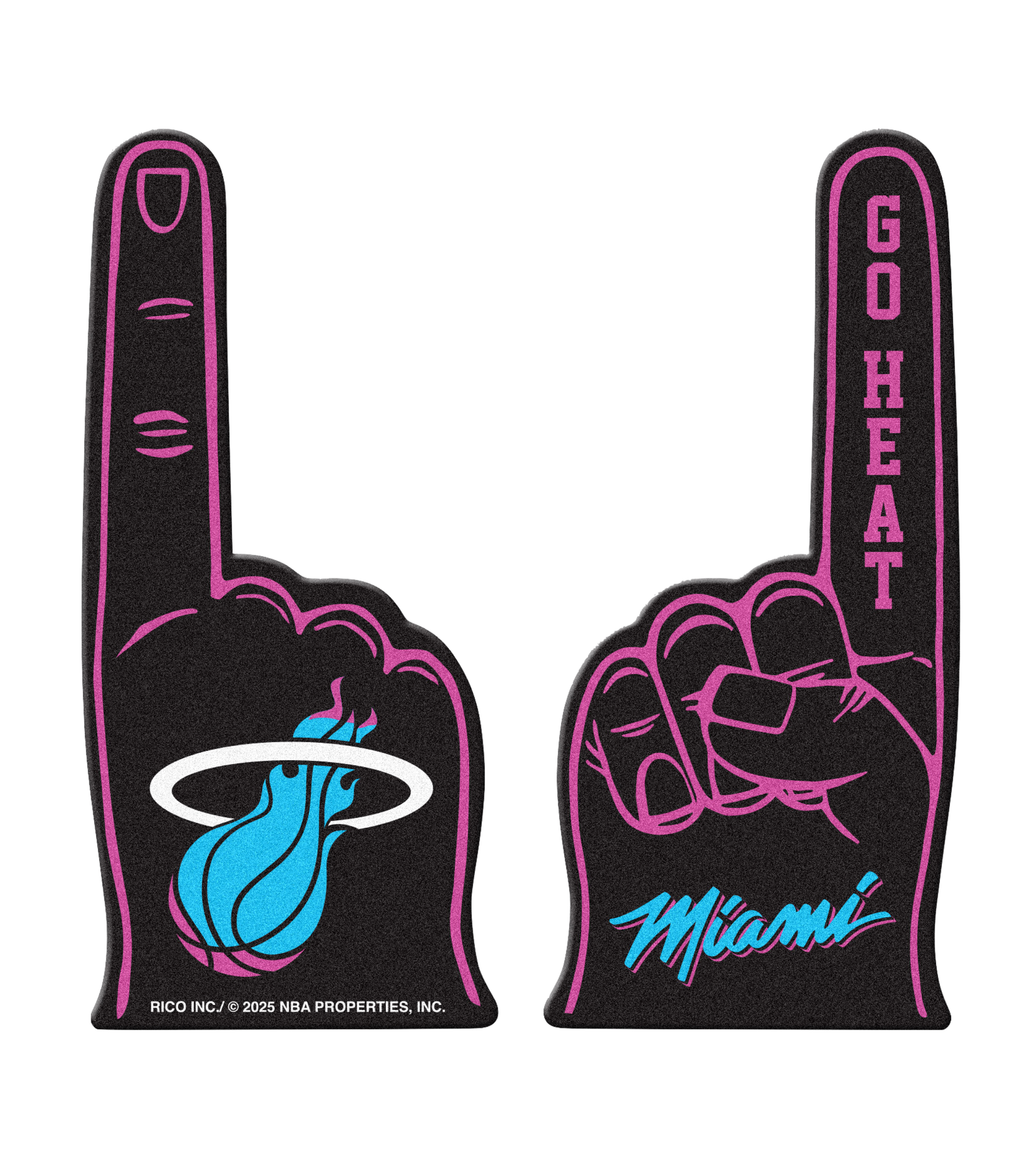 Get two large official Miami HEAT Original Vice Nights Foam Fingers by Rico Industries: one with the team logo and the other with “GO HEAT” and “Miami” in blue script. Black with pink outlines. One size fits most fans.