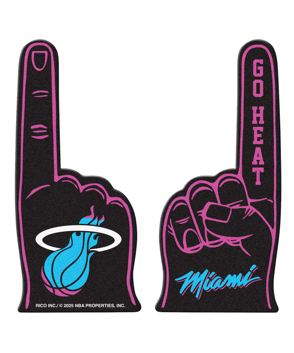 Get two large official Miami HEAT Original Vice Nights Foam Fingers by Rico Industries: one with the team logo and the other with “GO HEAT” and “Miami” in blue script. Black with pink outlines. One size fits most fans.