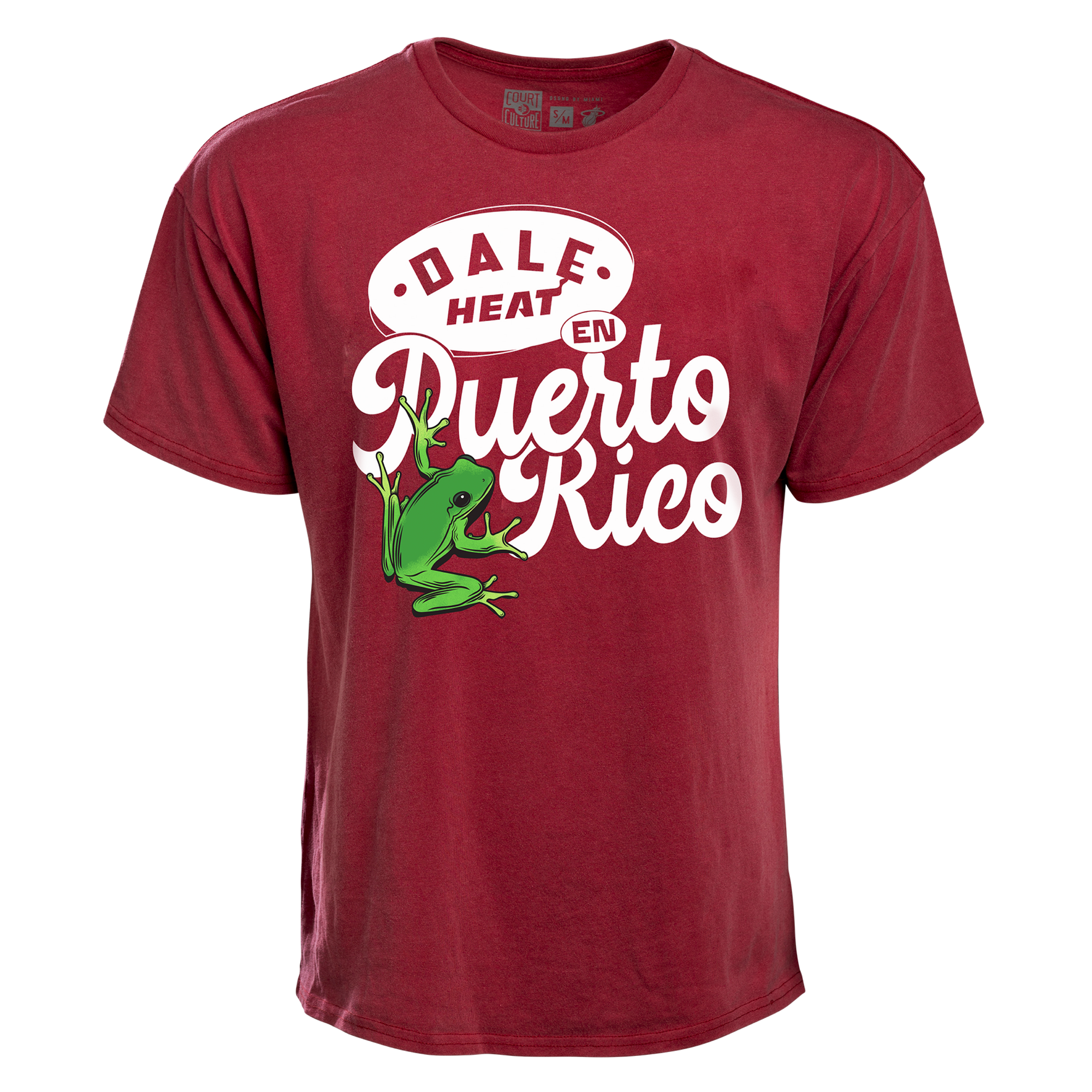 Red oversized tee with white “Dale Heat en Puerto Rico” text and a green frog, Miami HEAT themed. - Court Culture La Isla Oversized Tee