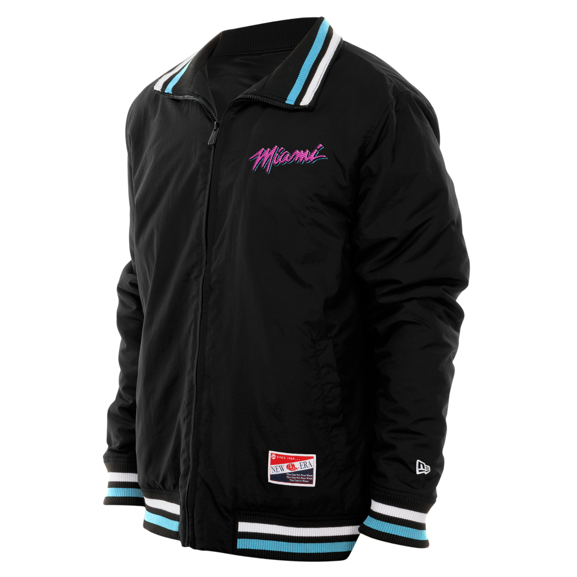 The New Era Miami HEAT Original Vice Nights Zip-Up Jacket features black nylon, teal/pink/white striped cuffs and collar, 