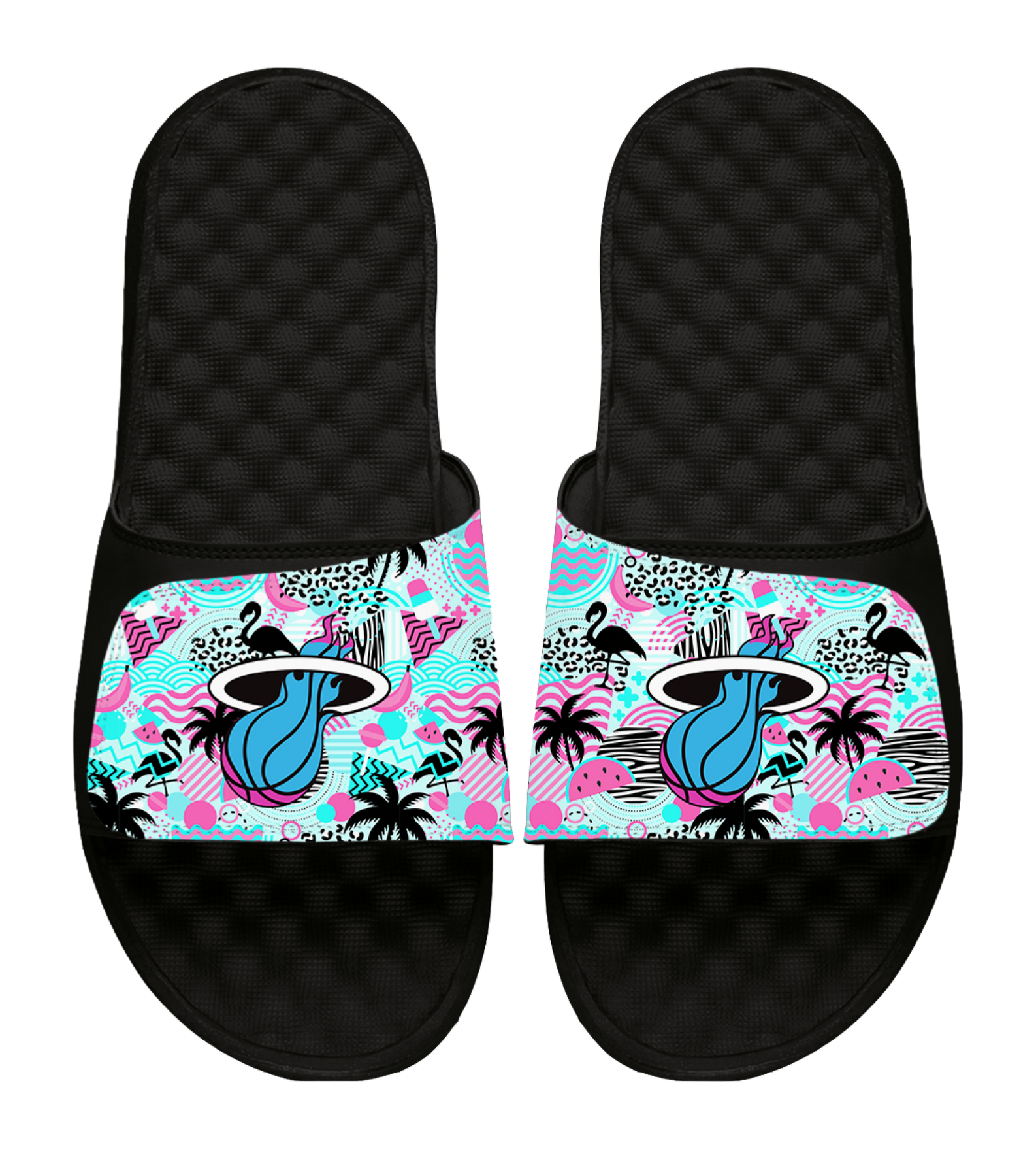 Step into comfort with the ISlide Miami HEAT Original Vice Nights Summer Pattern sandals by ISlide, featuring adjustable slide straps with tropical palm trees, flamingos, and waves on a vibrant pink, blue, and white background—perfect post-game recovery footwear.