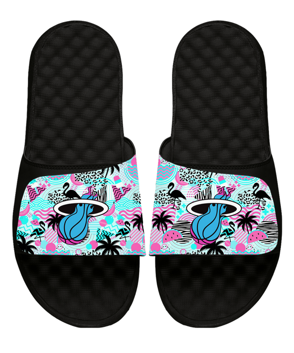 Step into comfort with the ISlide Miami HEAT Original Vice Nights Summer Pattern sandals by ISlide, featuring adjustable slide straps with tropical palm trees, flamingos, and waves on a vibrant pink, blue, and white background—perfect post-game recovery footwear.