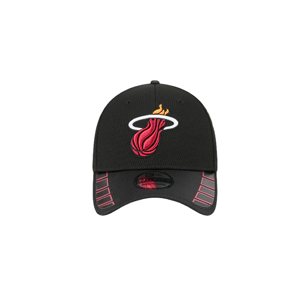 Black New Era flex fit hat with embroidered Miami HEAT flaming basketball logo and red accents on the brim. - New Era Miami HEAT Hit Flex Fit Hat