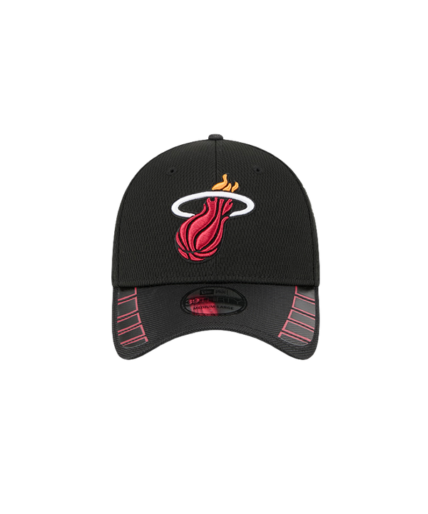 Black New Era flex fit hat with embroidered Miami HEAT flaming basketball logo and red accents on the brim. - New Era Miami HEAT Hit Flex Fit Hat