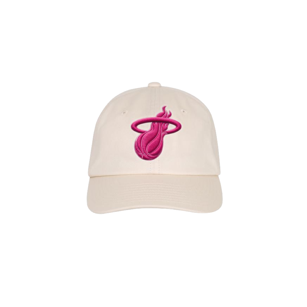 The Outerstuff Miami HEAT Pink Logo Girls Dad Cap is a beige cotton hat with a flaming pink basketball embroidered on the front; it’s one size and easy to spot clean.