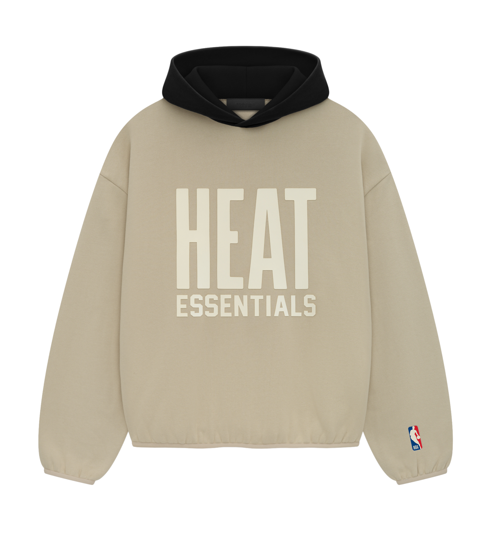 The Essentials Miami HEAT Fear of God Hoodie by Fear Of God features a beige body, black hood, bold white 