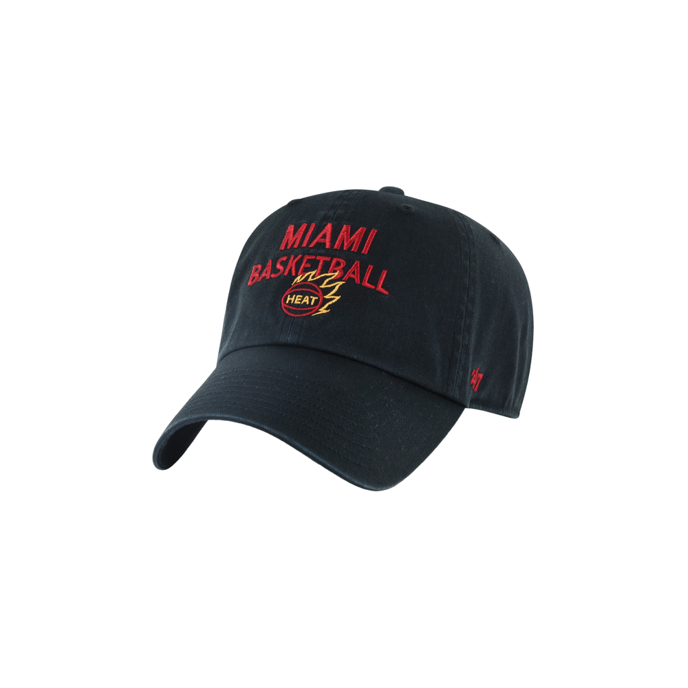 Black garment washed cotton ’47 Brand x Faherty Miami HEAT Dad Hat with MIAMI BASKETBALL embroidered in red and a yellow flaming basketball logo on the front, featuring an adjustable strapback.