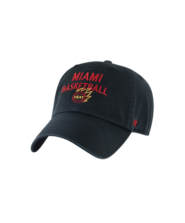 Black garment washed cotton ’47 Brand x Faherty Miami HEAT Dad Hat with MIAMI BASKETBALL embroidered in red and a yellow flaming basketball logo on the front, featuring an adjustable strapback.