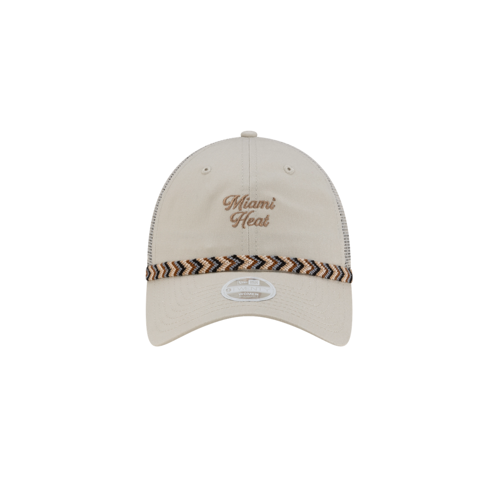 The New Era Miami HEAT Fishtail Women's Trucker Hat features beige cotton front panels, brown embroidered text, a brown and black patterned band above the brim, mesh polyester rear panels, and an adjustable one-size-fits-most design.