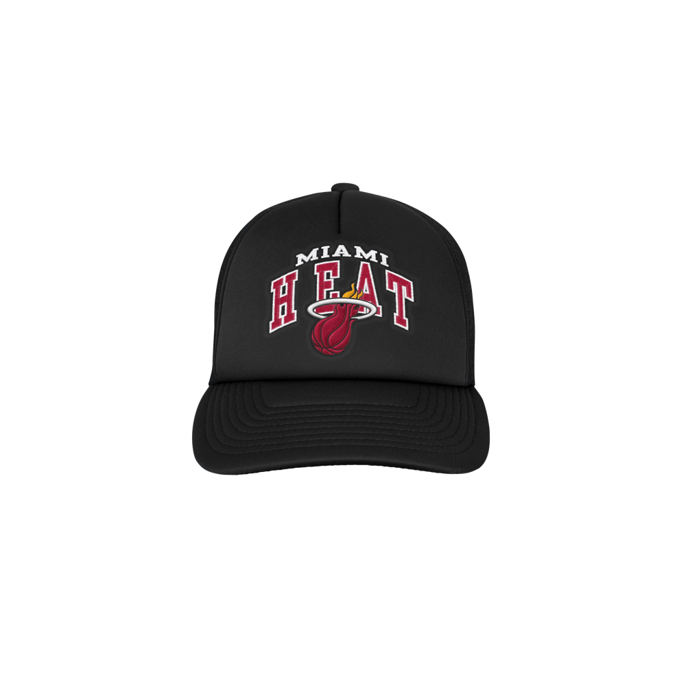 The Miami HEAT Youth Foam Trucker Snapback by Outerstuff is a black polyester hat with the team logo and name in red and white on the front. One size fits most; spot clean only. Displayed on a plain white background.