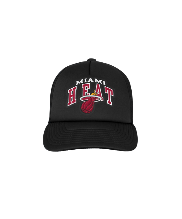 The Miami HEAT Youth Foam Trucker Snapback by Outerstuff is a black polyester hat with the team logo and name in red and white on the front. One size fits most; spot clean only. Displayed on a plain white background.