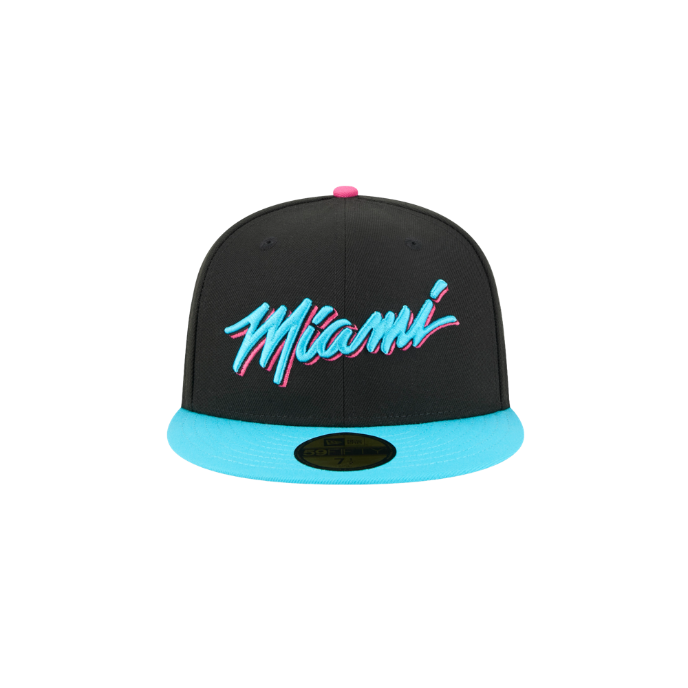 The New Era Miami HEAT Original Vice Nights Fitted Hat features black fabric, 