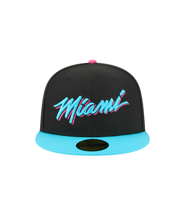 The New Era Miami HEAT Original Vice Nights Fitted Hat features black fabric, 