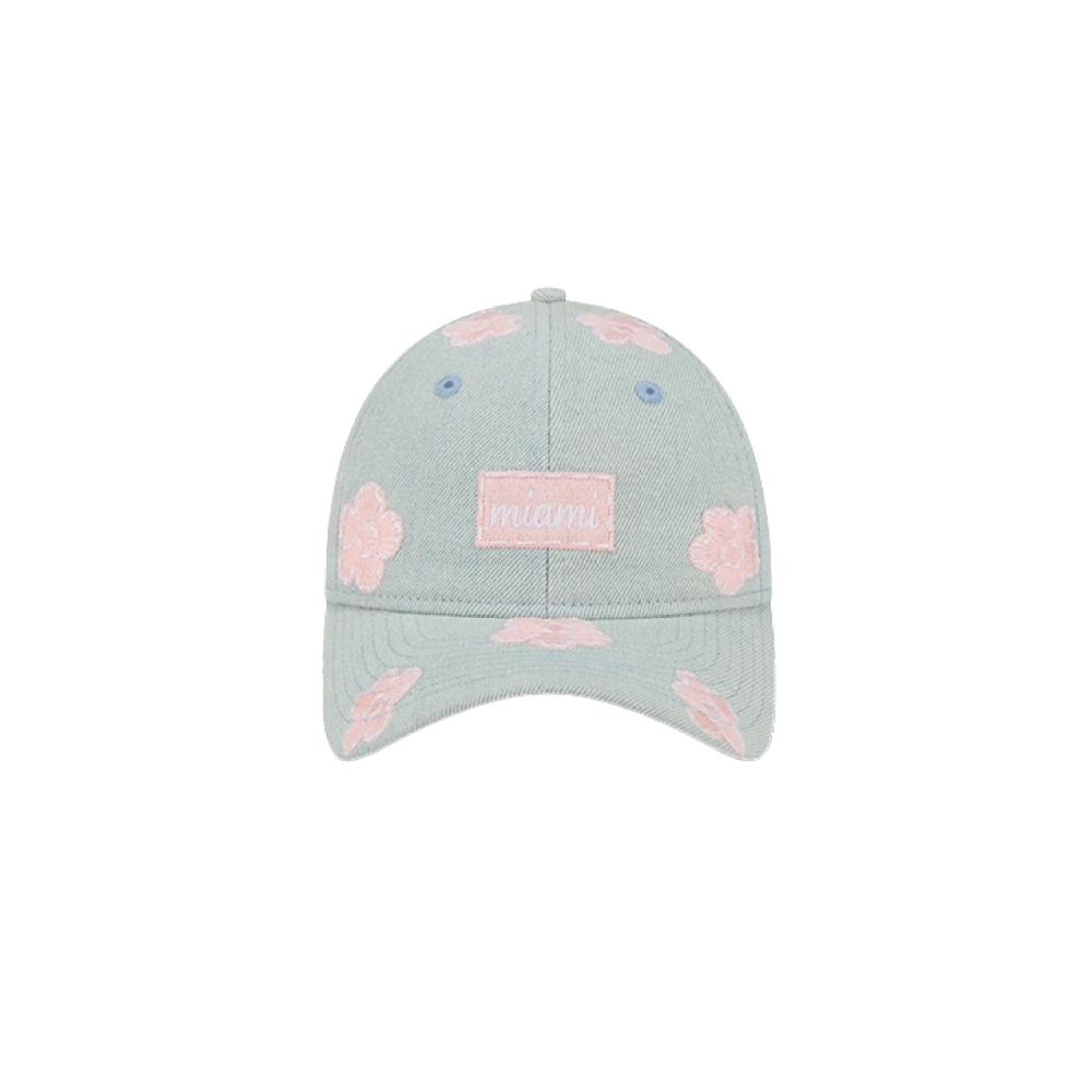 Denim-blue Youth dad hat with pink floral print and embroidered pink Miami HEAT logo patch. - New Era Miami HEAT Floral Youth Dad Hat