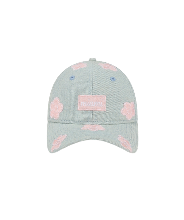 Denim-blue Youth dad hat with pink floral print and embroidered pink Miami HEAT logo patch. - New Era Miami HEAT Floral Youth Dad Hat