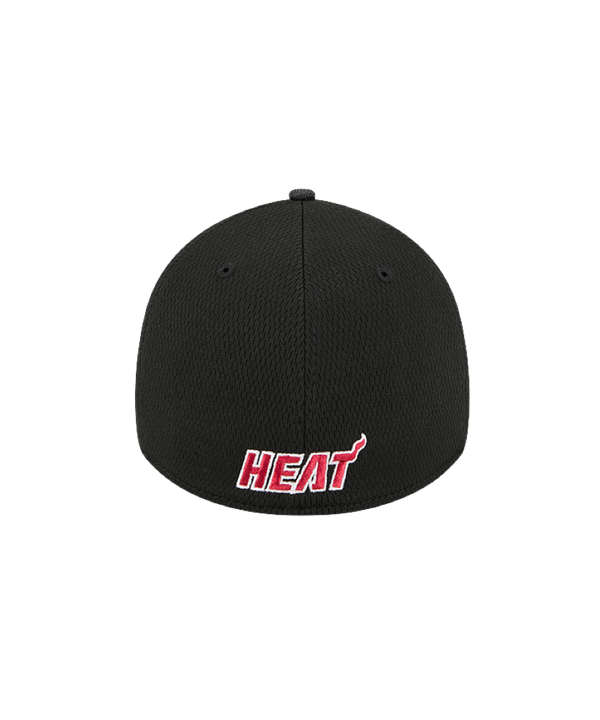 Black New Era flex fit hat with embroidered Miami HEAT flaming basketball logo and red accents on the brim. - New Era Miami HEAT Hit Flex Fit Hat
