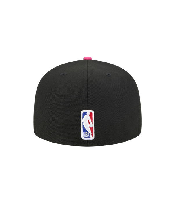 The New Era Miami HEAT Original Vice Nights Fitted Hat features black fabric, 