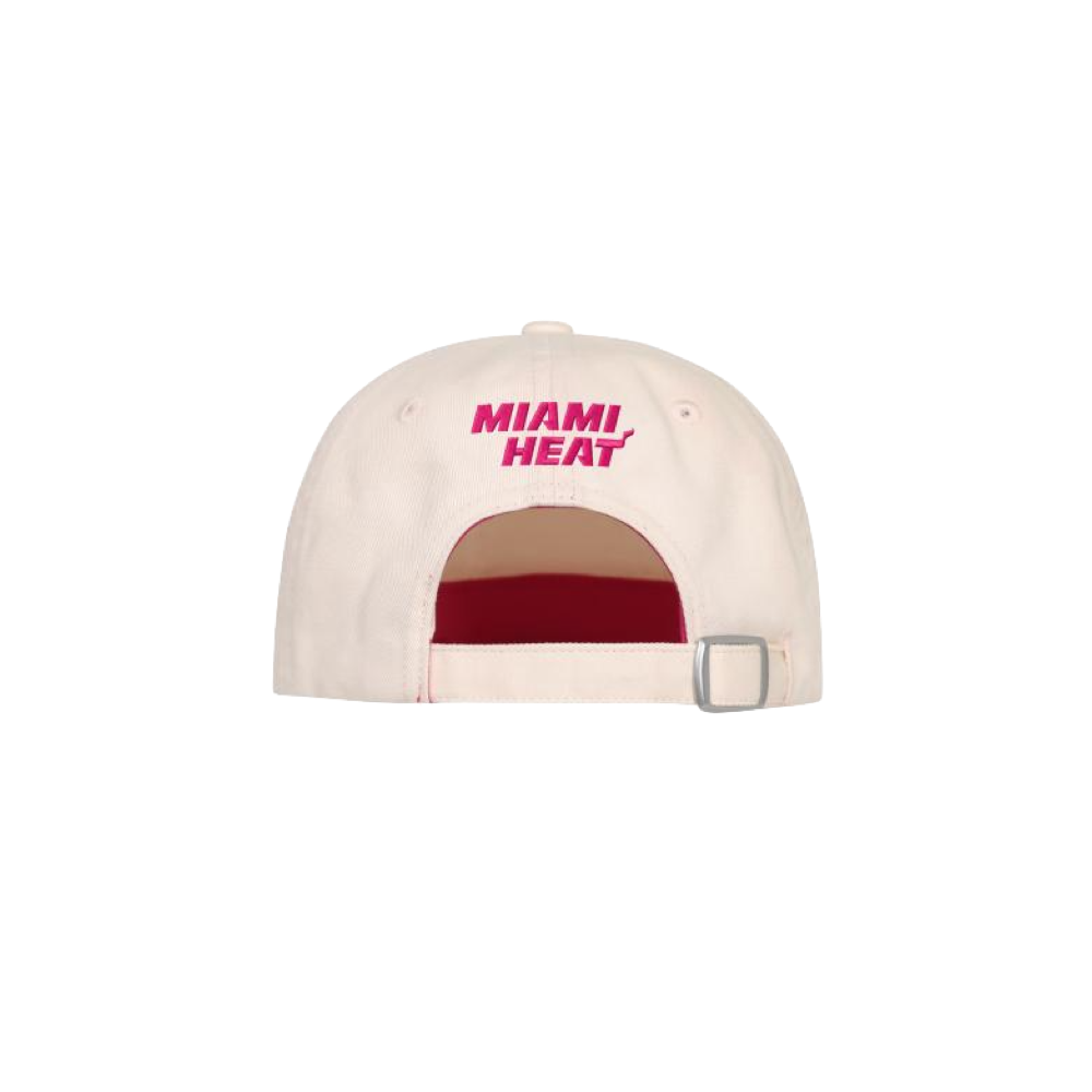 This is the Miami HEAT Pink Logo Girls Dad Cap by Outerstuff—a beige cotton baseball cap shown from the back, featuring “MIAMI HEAT” in pink, an adjustable strap with a metal buckle, and designed in one size that’s easy to spot clean for everyday wear.