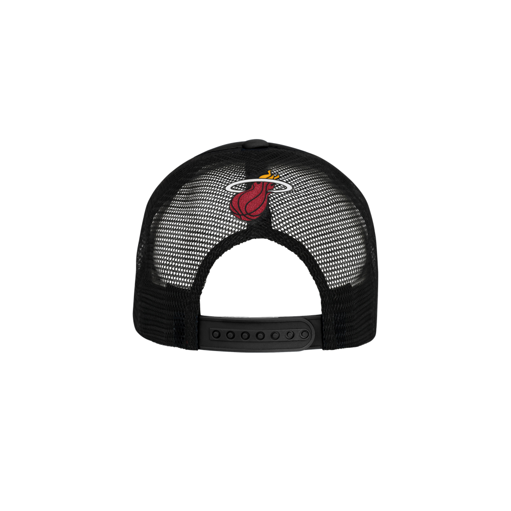 Back view of the Outerstuff Miami HEAT Youth Foam Trucker Snapback, featuring black polyester mesh, adjustable snapback closure, embroidered Miami Heat logo above the opening; one size fits most. Spot clean only.