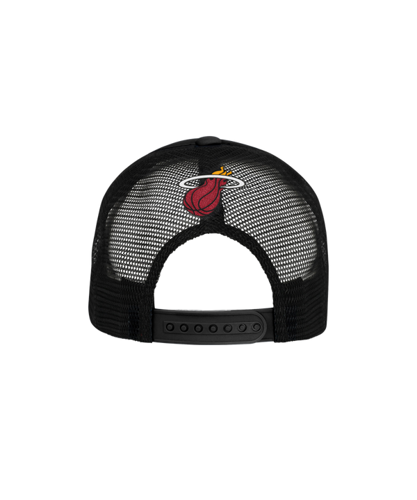 The Miami HEAT Youth Foam Trucker Snapback by Outerstuff is a black polyester hat with the team logo and name in red and white on the front. One size fits most; spot clean only. Displayed on a plain white background.