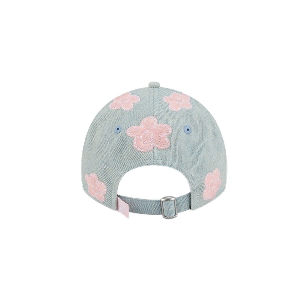 Denim blue adjustable youth dad hat with pink floral embroidery and Miami HEAT logo patch. - New Era Miami HEAT Floral Youth Dad Hat