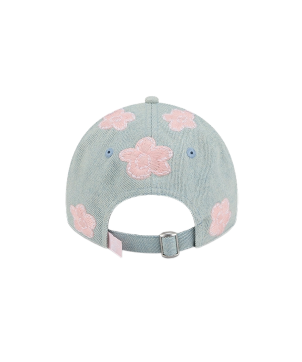 Denim-blue Youth dad hat with pink floral print and embroidered pink Miami HEAT logo patch. - New Era Miami HEAT Floral Youth Dad Hat