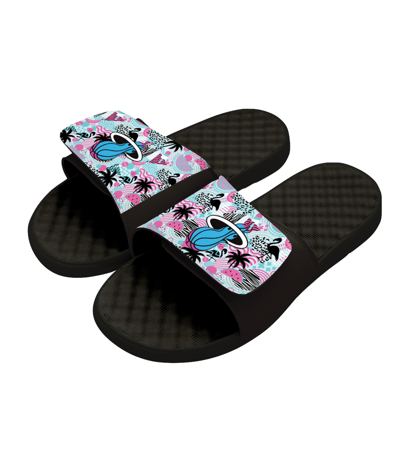 The ISlide Miami HEAT Original Vice Nights Summer Pattern sandals by ISlide feature black slides with multicolored, tropical-patterned adjustable straps—perfect recovery footwear after a long day.