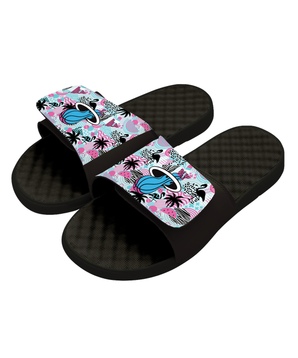 Step into comfort with the ISlide Miami HEAT Original Vice Nights Summer Pattern sandals by ISlide, featuring adjustable slide straps with tropical palm trees, flamingos, and waves on a vibrant pink, blue, and white background—perfect post-game recovery footwear.