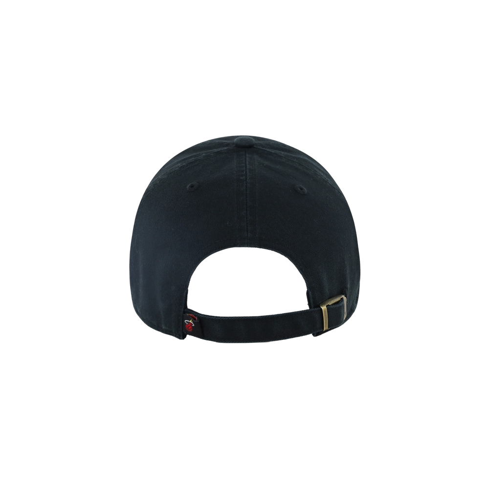 Back view of a ’47 Brand x Faherty Miami HEAT Dad Hat, featuring a garment-washed black cotton cap with an adjustable brass strap buckle and a small red basketball logo on the back strap.