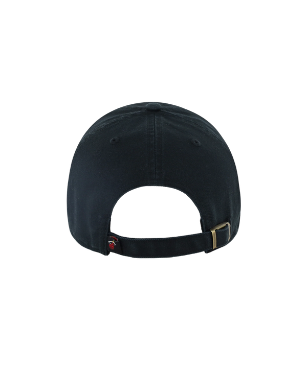 Black garment washed cotton ’47 Brand x Faherty Miami HEAT Dad Hat with MIAMI BASKETBALL embroidered in red and a yellow flaming basketball logo on the front, featuring an adjustable strapback.