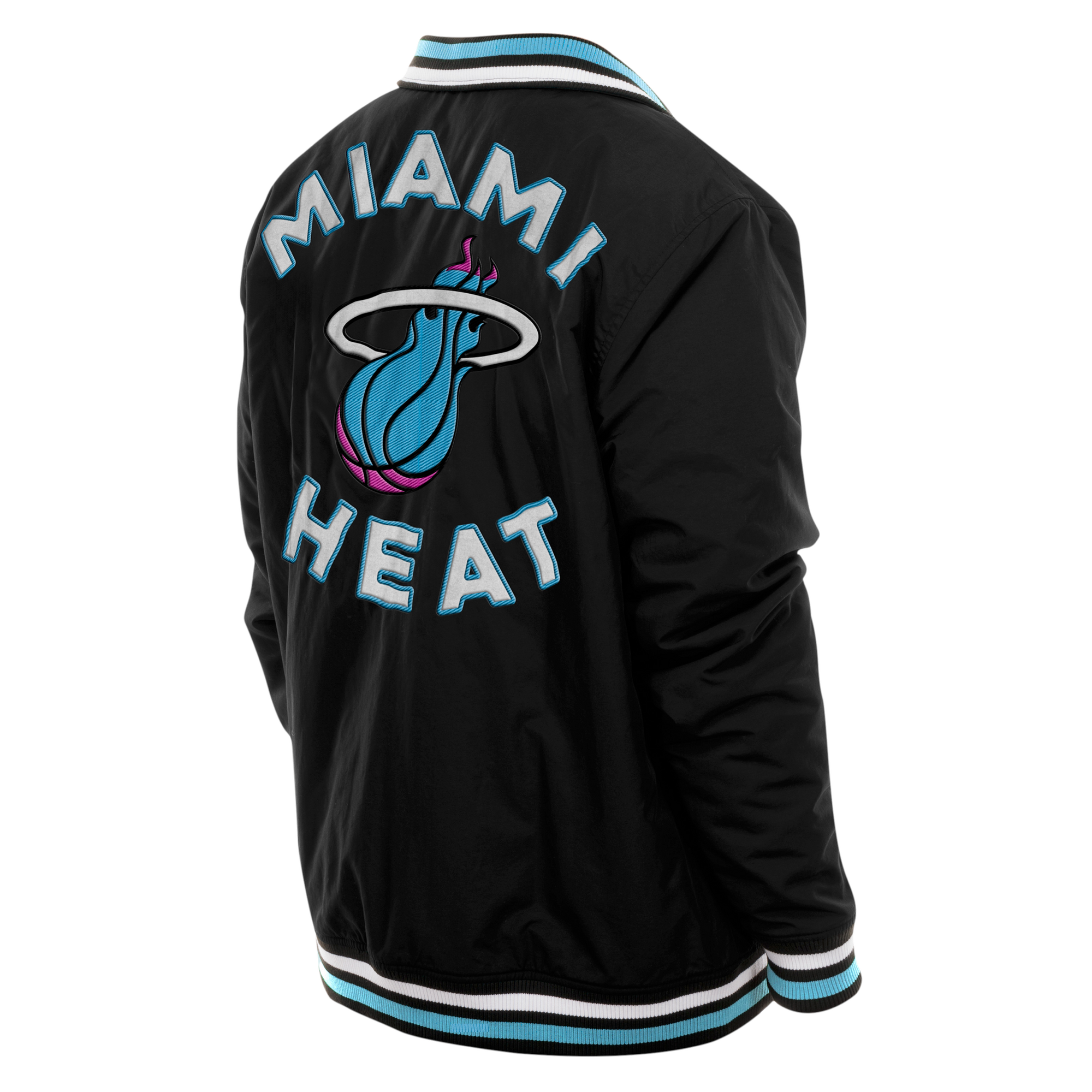A person wears the New Era Miami HEAT Original Vice Nights Zip-Up Jacket, featuring teal and pink accents, a large flaming basketball logo on the back, and bold blue and white lettering. Standard fit. Machine wash cold for best care.