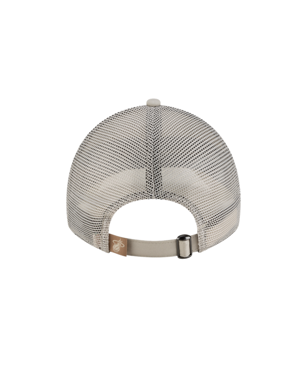 The New Era Miami HEAT Fishtail Women's Trucker Hat features beige cotton front panels, brown embroidered text, a brown and black patterned band above the brim, mesh polyester rear panels, and an adjustable one-size-fits-most design.