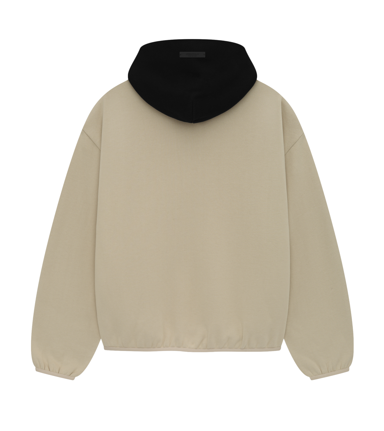 The Fear Of God Essentials Miami HEAT Hoodie is beige with a black hood, elastic cuffs and hem, and embodies the brand’s iconic minimalist style.