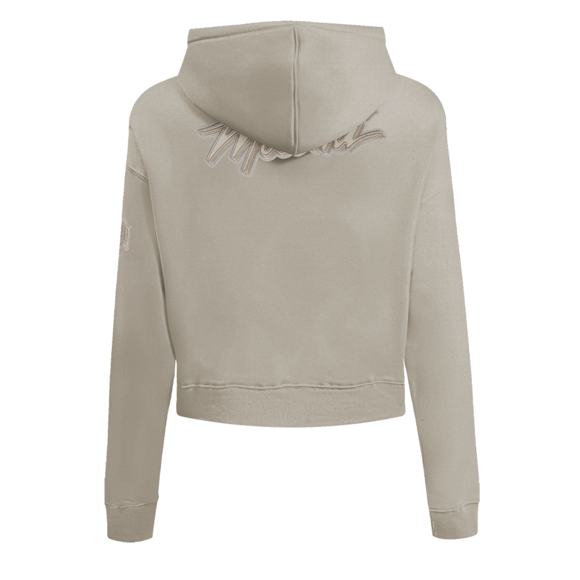 The Pro Standard Miami HEAT Original Vice Nights Beige Women's Hoodie features a light beige cropped fit, subtle embroidered text across the upper back near the hood, long sleeves, and a plain design. Made from a cotton-polyester blend; wash with like colors.