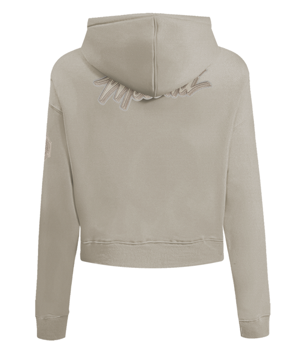 The Pro Standard Miami HEAT Original Vice Nights Beige Women's Hoodie features a cropped fit, zip-up front, drawstring hood, embroidered team logo, and text details. Made from a cotton-polyester blend; wash with like colors.
