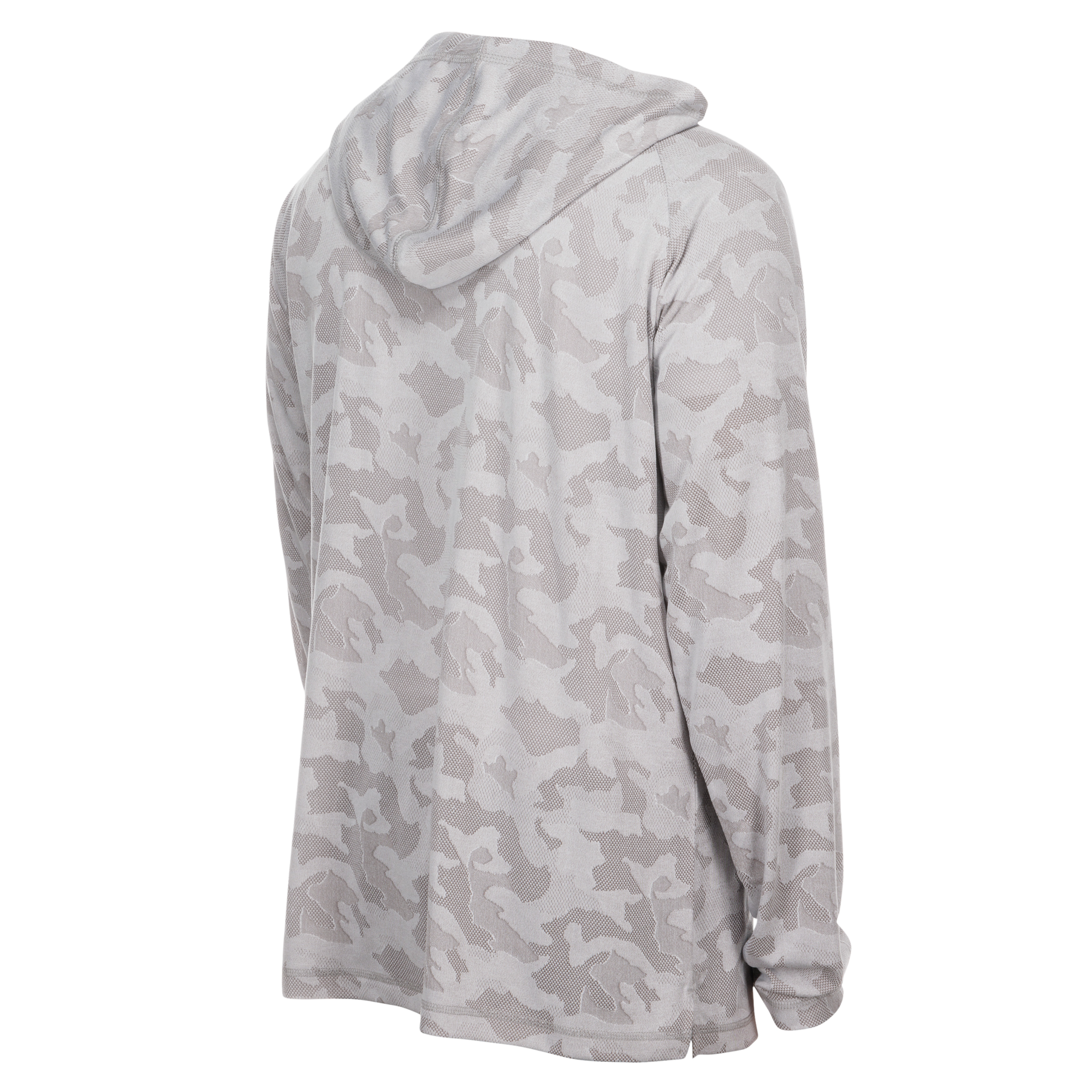 The New Era Miami HEAT Camo Hooded Long Sleeve Tee features a light gray camouflage pattern, shown from the back on a white background. Made of polyester with a standard fit; machine wash cold and tumble dry low for easy care.
