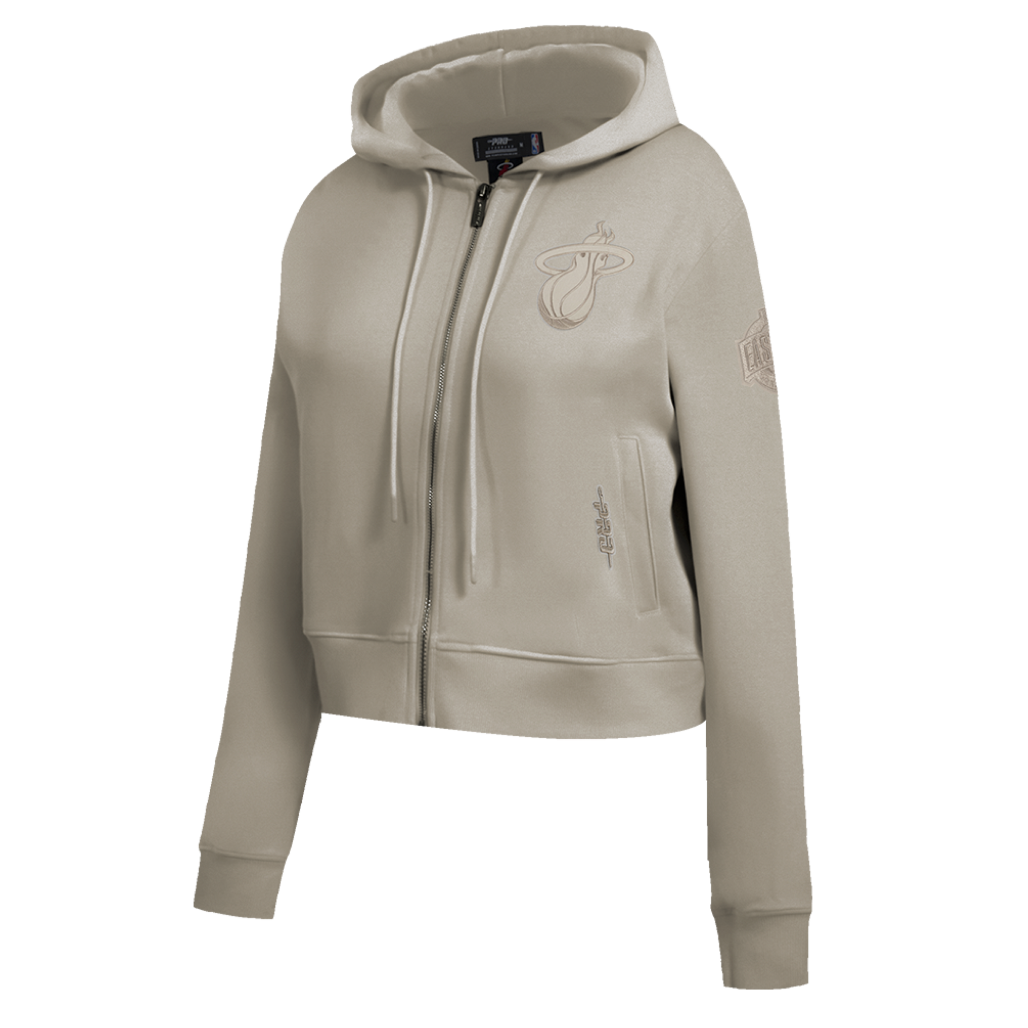 The Pro Standard Miami HEAT Original Vice Nights Beige Women's Hoodie features a cropped fit, long sleeves, zip-up front, front pocket, drawstring hood, and Miami Heat logo. Made from cotton-polyester and shown on a white background.