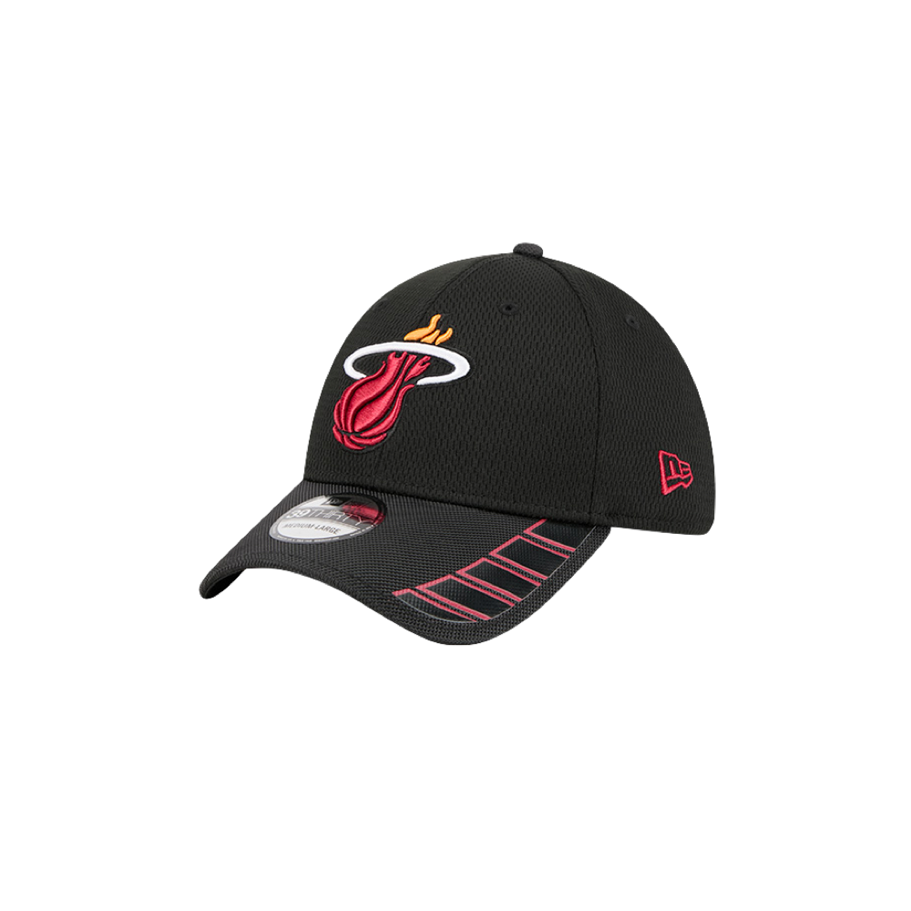Black New Era flex fit hat with Miami HEAT logo and red stitching on curved brim. - New Era Miami HEAT Hit Flex Fit Hat