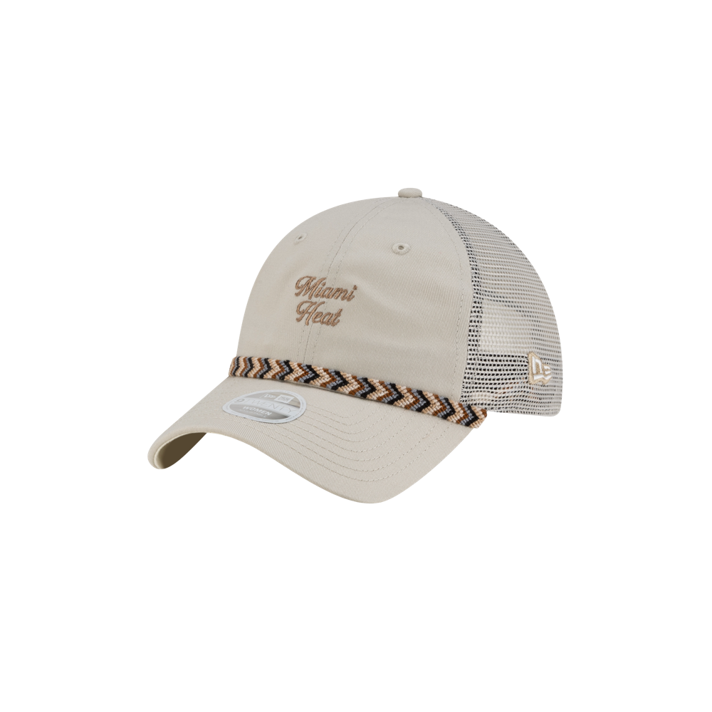 The New Era Miami HEAT Fishtail Women's Trucker Hat features beige cotton front panels, breathable mesh polyester back, zigzag trim above the brim, and brown embroidered Miami Heat logo. One size fits most.