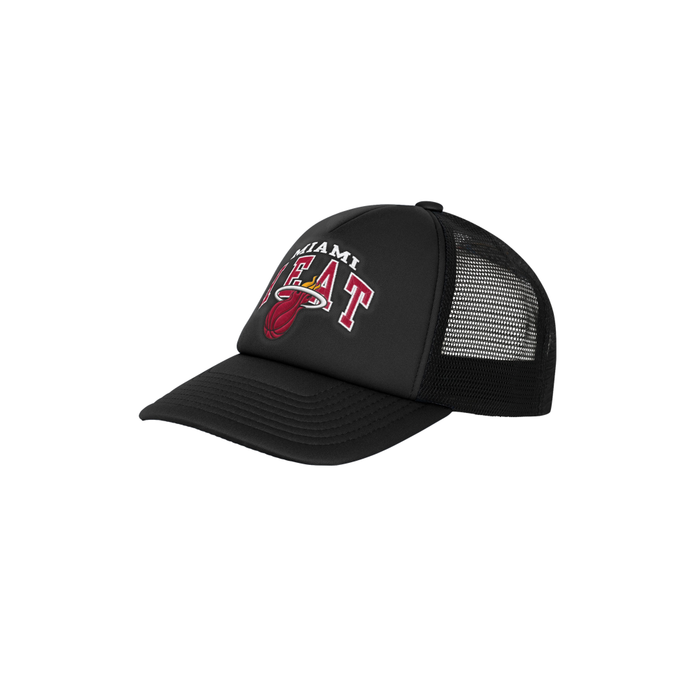 The Miami HEAT Youth Foam Trucker Snapback by Outerstuff is a black mesh cap, made from durable polyester, with the Miami Heat logo and red/white text on the front. One size fits most. Displayed on a plain white background.