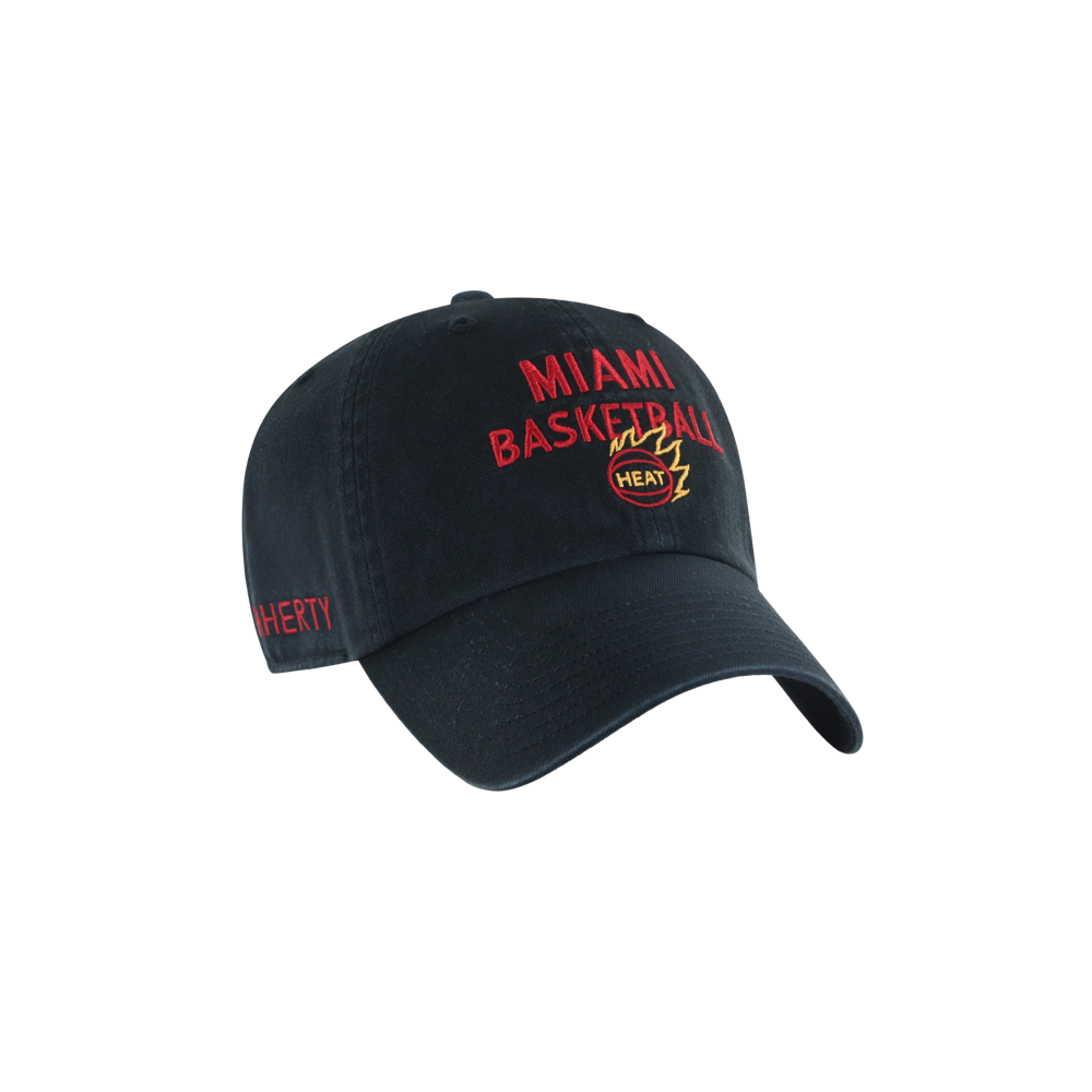 Black garment-washed cotton ’47 Brand x Faherty Miami HEAT Dad Hat with MIAMI BASKETBALL embroidered in red above a team logo, FAHERTY in red on the side, and an adjustable strapback.