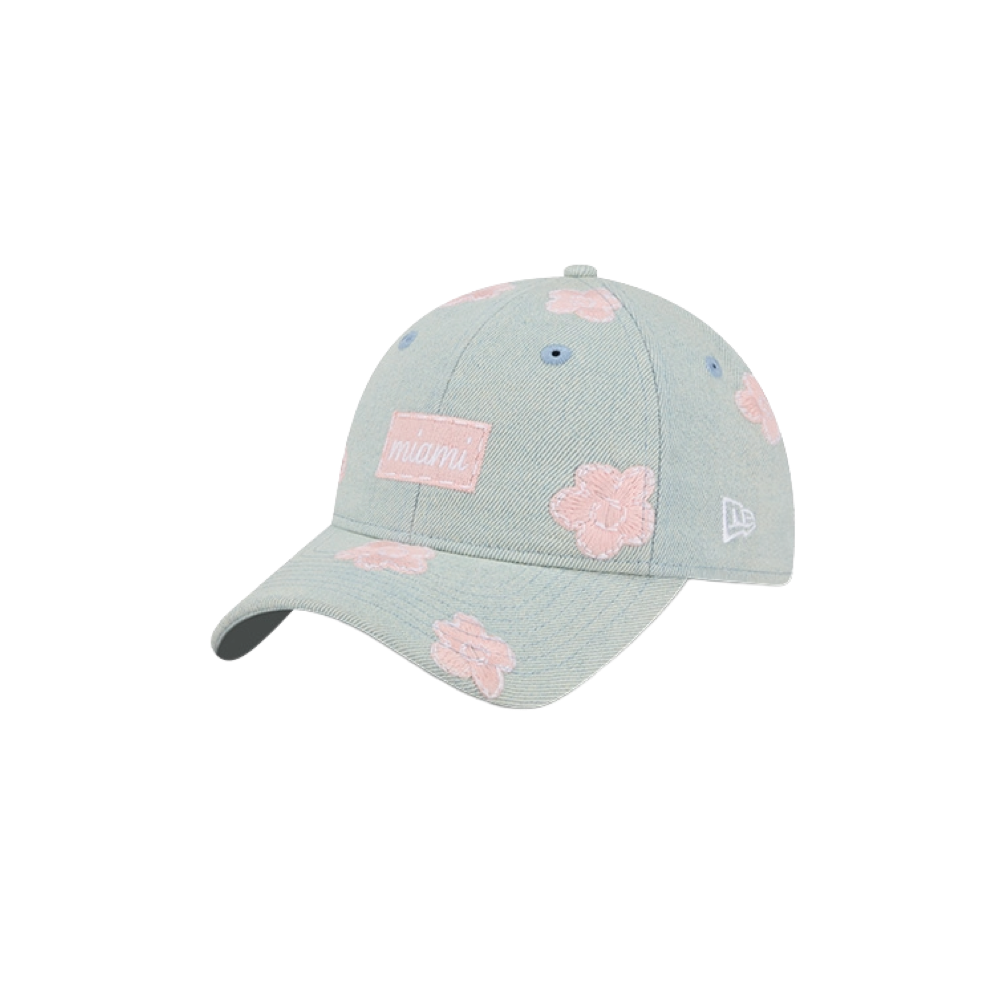 Denim blue New Era dad hat with pink Miami HEAT logo patch and floral embroidery, adjustable strap. - New Era Miami HEAT Floral Youth Dad Hat