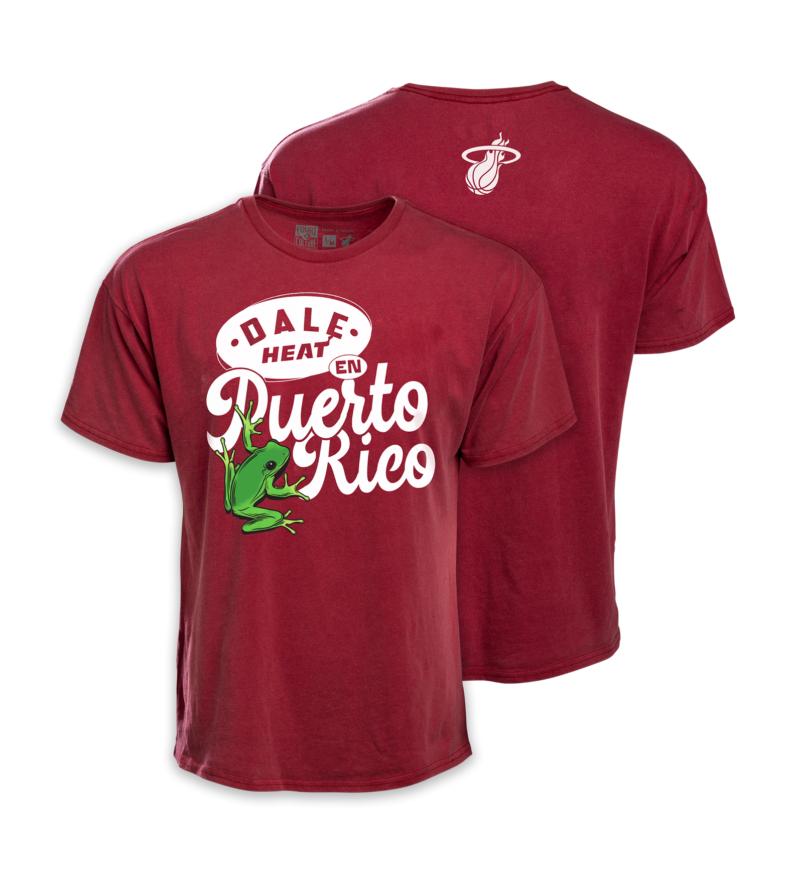 Red oversized tee with Miami HEAT Dale Heat Puerto Rico graphic and frog, white Miami HEAT logo on back neck. - Court Culture La Isla Oversized Tee