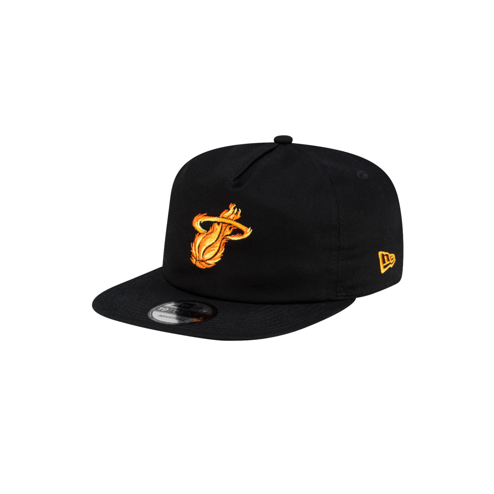 Black cotton Court Culture x New Era Palm n’ Flame snapback hat featuring a flaming basketball logo on the front.