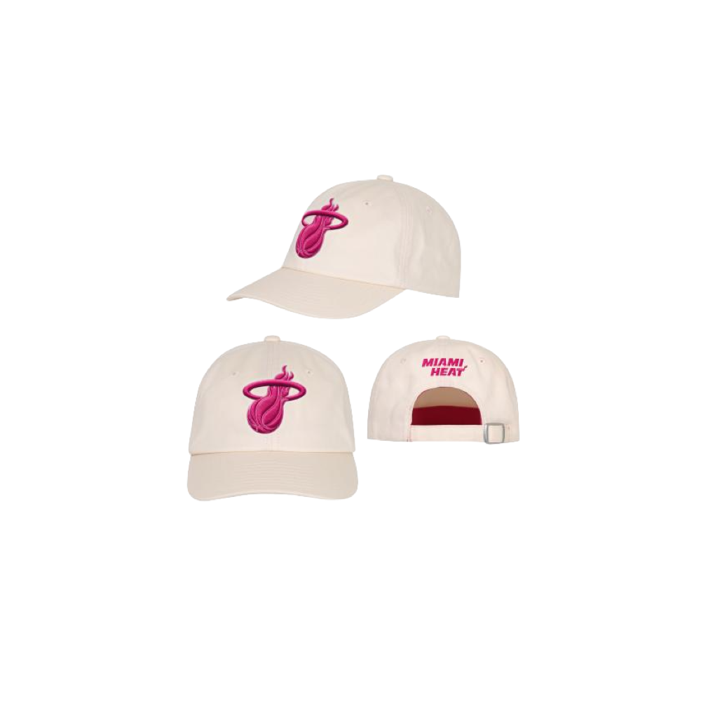 Here are three views of the Outerstuff Miami HEAT Pink Logo Girls Dad Cap—a white cotton baseball cap featuring a pink Miami Heat logo on the front and “MIAMI HEAT” text above the back opening. This stylish, one-size-fits-most cap is easy to maintain with simple spot cleaning as needed.